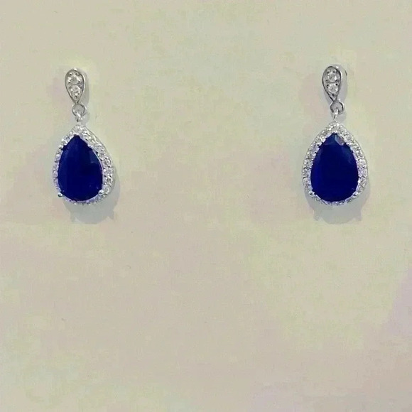 Genevive .925 Sterling Silver Earrings w/CZ Blue and White Stones 1”L - Picture 3 of 5